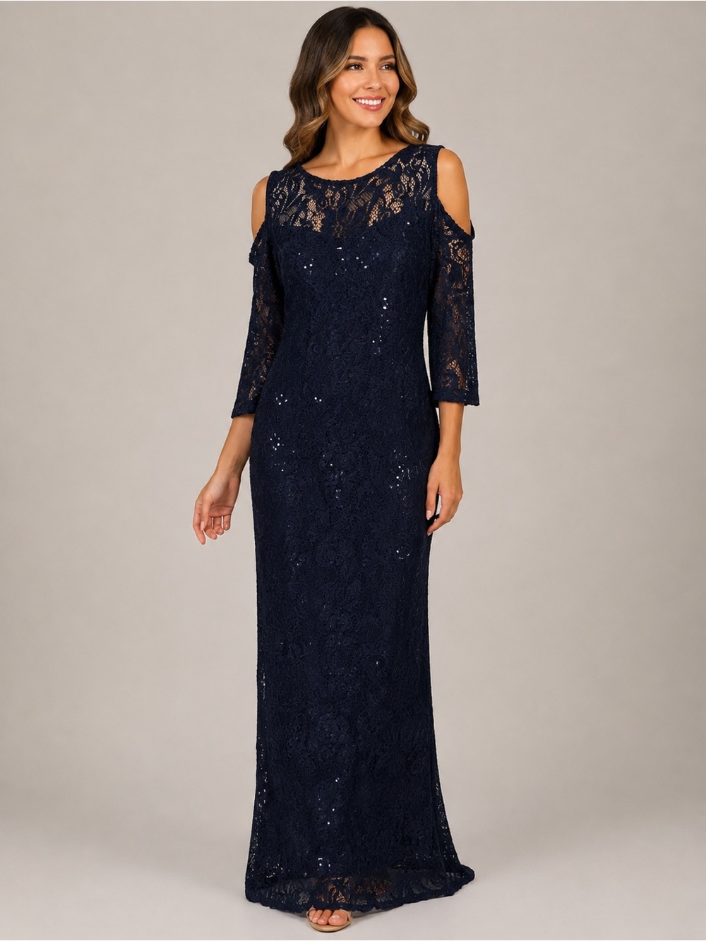 Marina Navy Blue Sequin Lace Cold Shoulder Maxi Dress gown size 16 NWT